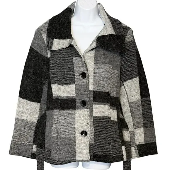 Appleseed’s Wool Blend Belted Jacket Textured Gray Black Cozy Coat Pockets Sz M - Picture 2 of 10